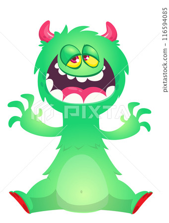 Cartoon happy monster with funny face expression sitting. Vector illustration isolated on white. Great for Halloween party or package design Cartoon happy monster with funny face expression sitting. Vector illustration isolated on white. Great for Halloween party or package design 116594085