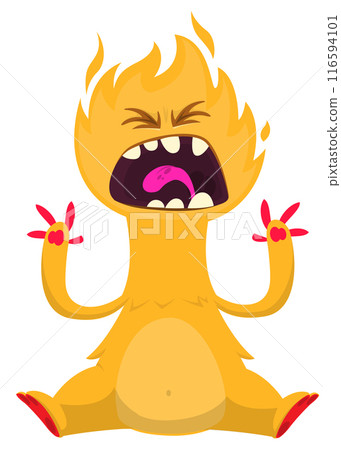 Cartoon happy monster with funny face expression sitting. Vector illustration isolated on white. Great for Halloween party or package design Cartoon happy monster with funny face expression sitting. Vector illustration isolated on white. Great for Halloween party or package design 116594101