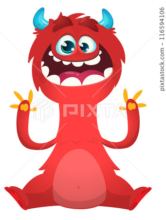 Cartoon happy monster with funny face expression sitting.  Vector illustration isolated on white. Great for Halloween party or package design 116594106