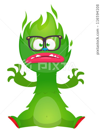 Cartoon happy monster with funny face expression sitting.  Vector illustration isolated on white. Great for Halloween party or package design 116594108