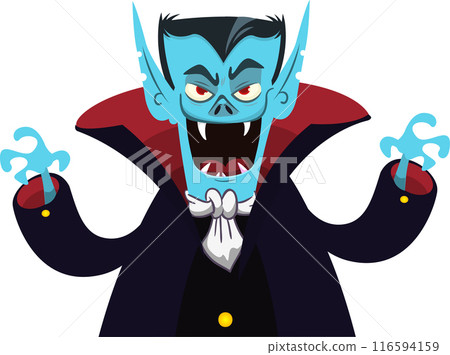 Cute cartoon vampire character with big open mouth, tongue, fangs. Halloween vector illustration. Count Dracula Cute cartoon vampire character with big open mouth, tongue, fangs. Halloween vector illustration. Count Dracula 116594159