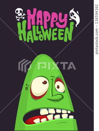 Cartoon funny green zombie character design with scary face expression and pink brains out. Halloween vector illustration isolated on white. Party invitation, package design 116594162
