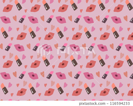 可愛的嘴唇和口紅和心形圖案背景 可愛的嘴唇和口紅和心形圖案背景 116594233