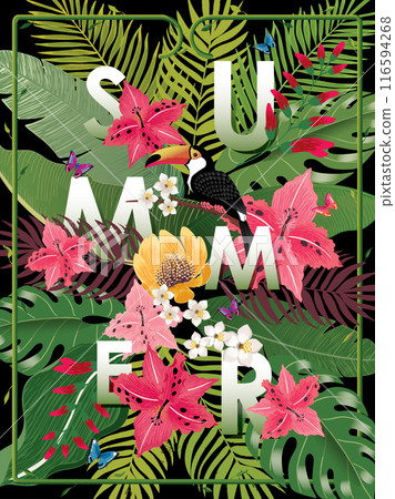 Vector illustration imagery of tropical flowers in summer with birds and butterflies with frame. Vector illustration imagery of tropical flowers in summer with birds and butterflies with frame. 116594268