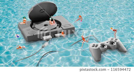 Contemporary art collage. Taking break by pool, friends unwind and play, showing that bit of gaming can be perfect way to relax and have fun together. 116594472