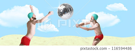 Banner. Contemporary art collage. Friends enjoy playful moments, spiking disco ball on sunny beach, blending fun, laughter, and relaxation 116594486