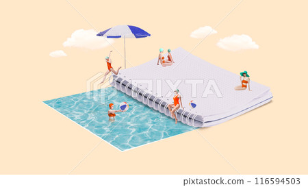 Contemporary art collage. Notebook turned into pool where young woman relaxing, swimming against beige background with clods. 116594503