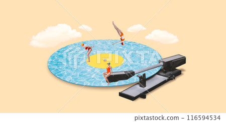 Contemporary art collage. Swimmers in vintage swimsuits performing on vinyl record that resembles pool against peach background with clouds. 116594534