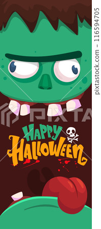 Cartoon funny green zombie character design with scary face expression and pink brains out. Halloween vector illustration isolated on white. Party invitation, package design Cartoon funny green zombie character design with scary face expression and pink brains out. Halloween vector illustration isolated on white. Party invitation, package design 116594705