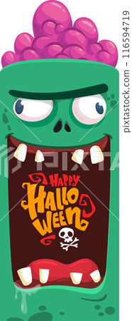 Cartoon funny green zombie character design with scary face expression and pink. Halloween vector illustration 116594719