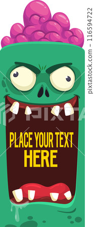 Cartoon funny green zombie character design with scary face expression and pink brains out. Halloween vector illustration isolated on white. Party invitation, package design 116594722