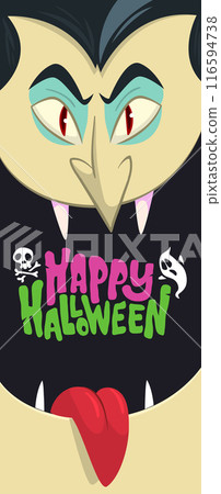 Funny cartoon vampire character design with big open mouth, tongue, fangs. Vampire face mask avatar. Halloween illustration vector isolated. Party or package design 116594738