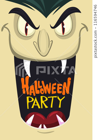 Funny cartoon vampire character design with big open mouth, tongue, fangs. Vampire face mask avatar. Halloween illustration vector isolated. Party or package design 116594746