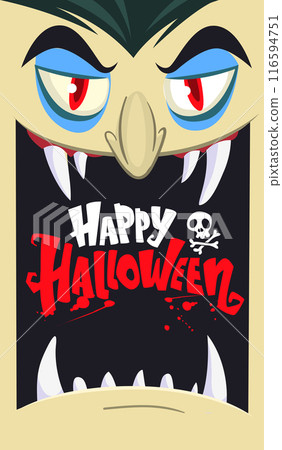 Funny cartoon vampire character design with big open mouth, tongue, fangs. Count dracula face mask avatar. Halloween illustration vector isolated. Party or package design 116594751