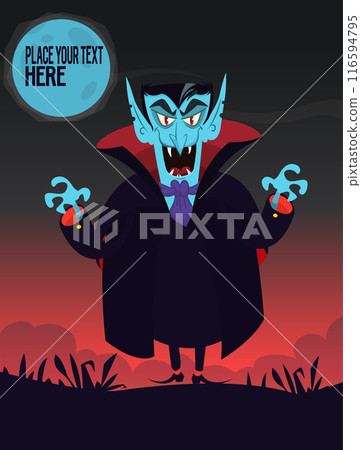 Funny cartoon vampire character design with big open mouth, tongue, fangs standing on night background. Halloween illustration vector isolated 116594795