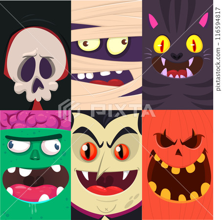 Halloween funny faces set of four characters. Cartoon heads of grim reaper, pumpkin Jack o lntern zombie, vampire cat and mummy. Vector illustration isolated. Party decoration or package design. 116594817