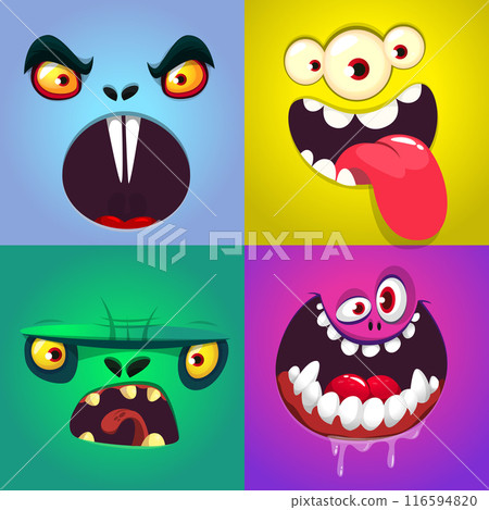 Funny cartoon monster faces set. Illustration of monsters or aliens different expression. Halloween design. Vector isolated 116594820