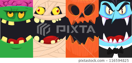 Halloween funny faces set of four characters. Cartoon heads of grim reaper, pumpkin Jack o lntern zombie, vampire and mummy. Vector illustration isolated. Party decoration or package design. Halloween funny faces set of four characters. Cartoon heads of grim reaper, pumpkin Jack o lntern zombie, vampire and mummy. Vector illustration isolated. Party decoration or package design. 116594825