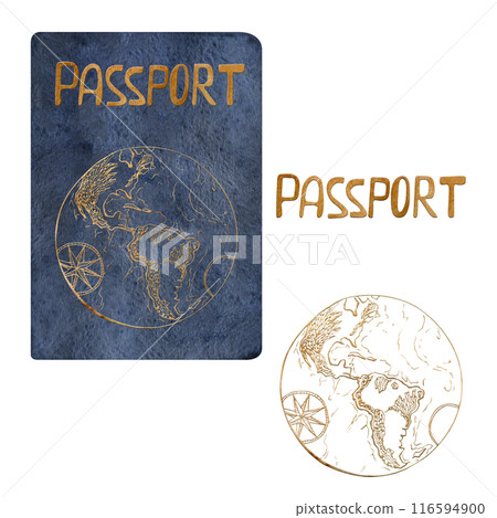 Multinational world passport id official document with gold letters and globe. Watercolor hand drawn illustration of isolated object. Design for tourism, travel, brochure, guide, print, card, tattoo 116594900
