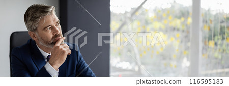 In Search Of Inspiration. Thoughtful Middle Aged Businessman Sitting At Workplace In Office, Closeup Shot Of Pensive Mature Man Entrepreneur In Suit Touching Chin And Looking Away, Free Space 116595183