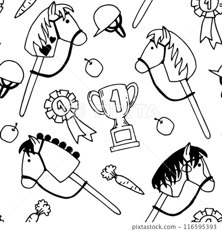 hobby horsing seamless pattern. cute doodle style print with a toy horse. hobby horsing seamless pattern. cute doodle style print with a toy horse. 116595393