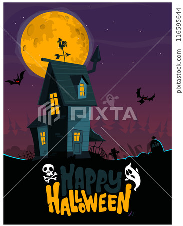 Halloween haunted house cartoon illustration. Vector horror scary mansion on the night background with moon. Party poster 116595644