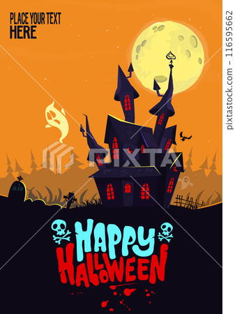 Halloween haunted house cartoon illustration. Vector horror scary mansion on the night background with moon. Party poster 116595662