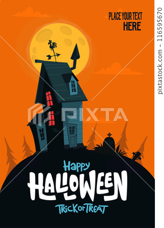 Halloween haunted house cartoon illustration. Vector horror scary mansion on the night background with moon. Party poster 116595670