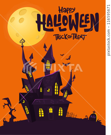Halloween haunted house cartoon illustration. Vector horror scary mansion on the night background with moon. Party poster 116595671