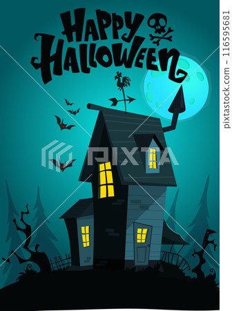 Halloween haunted house cartoon illustration. Vector horror scary mansion on the night background with moon. Party poster Halloween haunted house cartoon illustration. Vector horror scary mansion on the night background with moon. Party poster 116595681