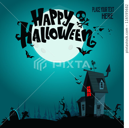 Halloween haunted house cartoon illustration. Vector horror scary mansion on the night background with moon. Party poster 116595682