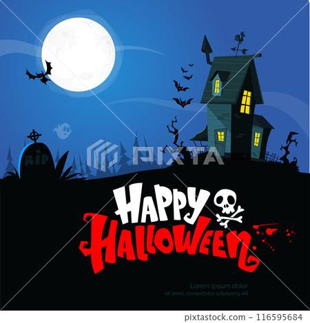 Halloween haunted house cartoon illustration. Vector horror scary mansion on the night background with moon. Party poster 116595684