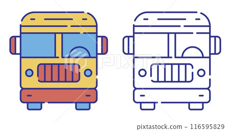 Thin line stroked color icon. American school bus. September 1 is Beginning of school year. Simple vector isolated on white background Thin line stroked color icon. American school bus. September 1 is Beginning of school year. Simple vector isolated on white background 116595829