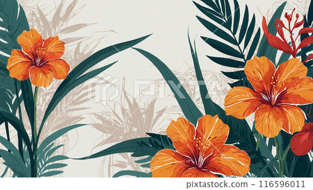 Orange hibiscus flowers with green foliage on a light background, blending natural and artistic elements in a tropical theme. 116596011