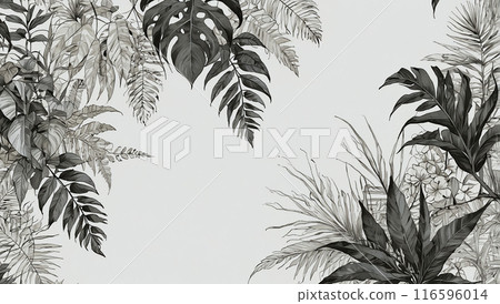Abstract arrangement of various green tropical leaves on a white background, creating a modern and refreshing botanical design. 116596014