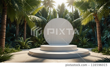 White round podium surrounded by palm trees and tropical plants 116596015