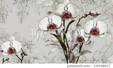 Elegant white orchids with pink centers against a light background, blending natural beauty with intricate artistic elements. 116596017