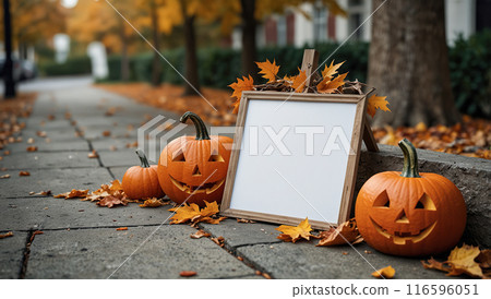Halloween-themed setup with carved pumpkins, autumn leaves, and a blank signboard on a sidewalk, creating a spooky atmosphere. Halloween-themed setup with carved pumpkins, autumn leaves, and a blank signboard on a sidewalk, creating a spooky atmosphere. 116596051