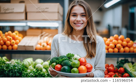 Smiling woman holding a plate of fresh vegetables in a grocery store with shelves of produce behind her. Smiling woman holding a plate of fresh vegetables in a grocery store with shelves of produce behind her. 116596054