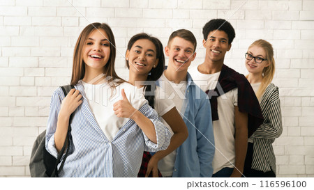 A diverse group of multiethnic teenagers is lined up, displaying a variety of cheerful expressions. The backdrop features a white brick wall, suggesting an informal or educational setting A diverse group of multiethnic teenagers is lined up, displaying a variety of cheerful expressions. The backdrop features a white brick wall, suggesting an informal or educational setting 116596100