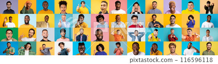 This international grid of multiracial, multiethnic men faces captures the essence of joyful human diversity against a backdrop of bright colors 116596118