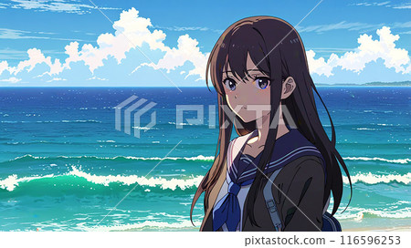 日落時站在海灘上的一個穿著水手服的女孩 日落時站在海灘上的一個穿著水手服的女孩 116596253