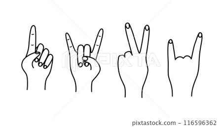 Hand gestures, vector illustration set of icons of various hand signs thin lines Hand gestures, vector illustration set of icons of various hand signs thin lines 116596362