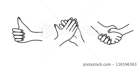 Hand gestures, vector illustration set of icons of various hand signs thin lines 116596363