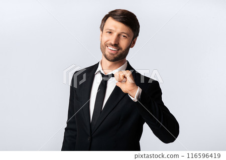 Business Success. Confident Businessman Pointing Thumbs At Himself Standing On White Studio Background. Isolated 116596419