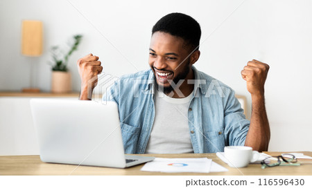 Young afro businessman celebrating success with raised arms looking to laptop in office, copy space 116596430