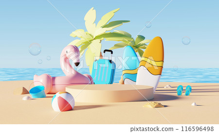 3D render, Podium display on summer beach background for showing product, holiday vacation concept. 3D render, Podium display on summer beach background for showing product, holiday vacation concept. 116596498