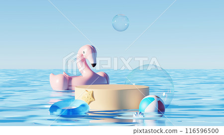 3D render, Summer sea background with blank podium for showing product and cosmetic decoration with inflatable ring pink flamingo and beach ball. 116596500