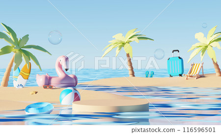 3D render, Podium displays on summer beach sand and sea background, summer element beach ball, inflatable ring, pink flamingo and chair. 3D render, Podium displays on summer beach sand and sea background, summer element beach ball, inflatable ring, pink flamingo and chair. 116596501