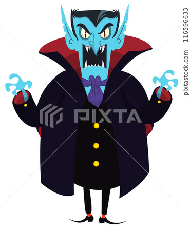 Funny cartoon vampire illustration in black cape waving hands. Isolated on white Funny cartoon vampire illustration in black cape waving hands. Isolated on white 116596633